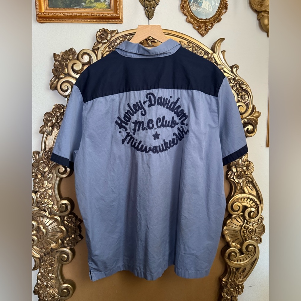 Embroidered Harley Blue Button Shirt MC Club Milwaukee XL Excellent Condition